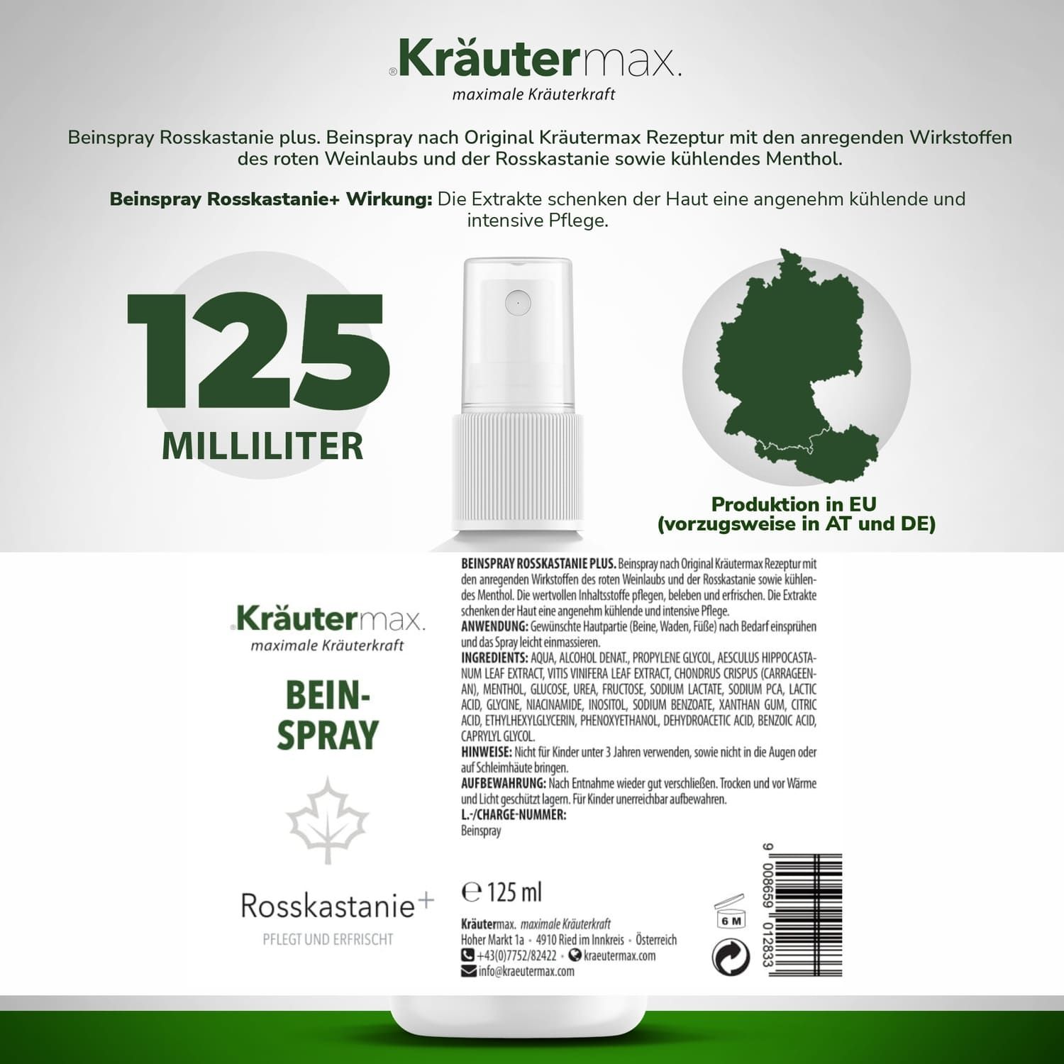 Produktflasche mit Text und Inhaltsangaben. 125 ml. Text: Beinspray Rosskastanie plus. Produktion in EU.