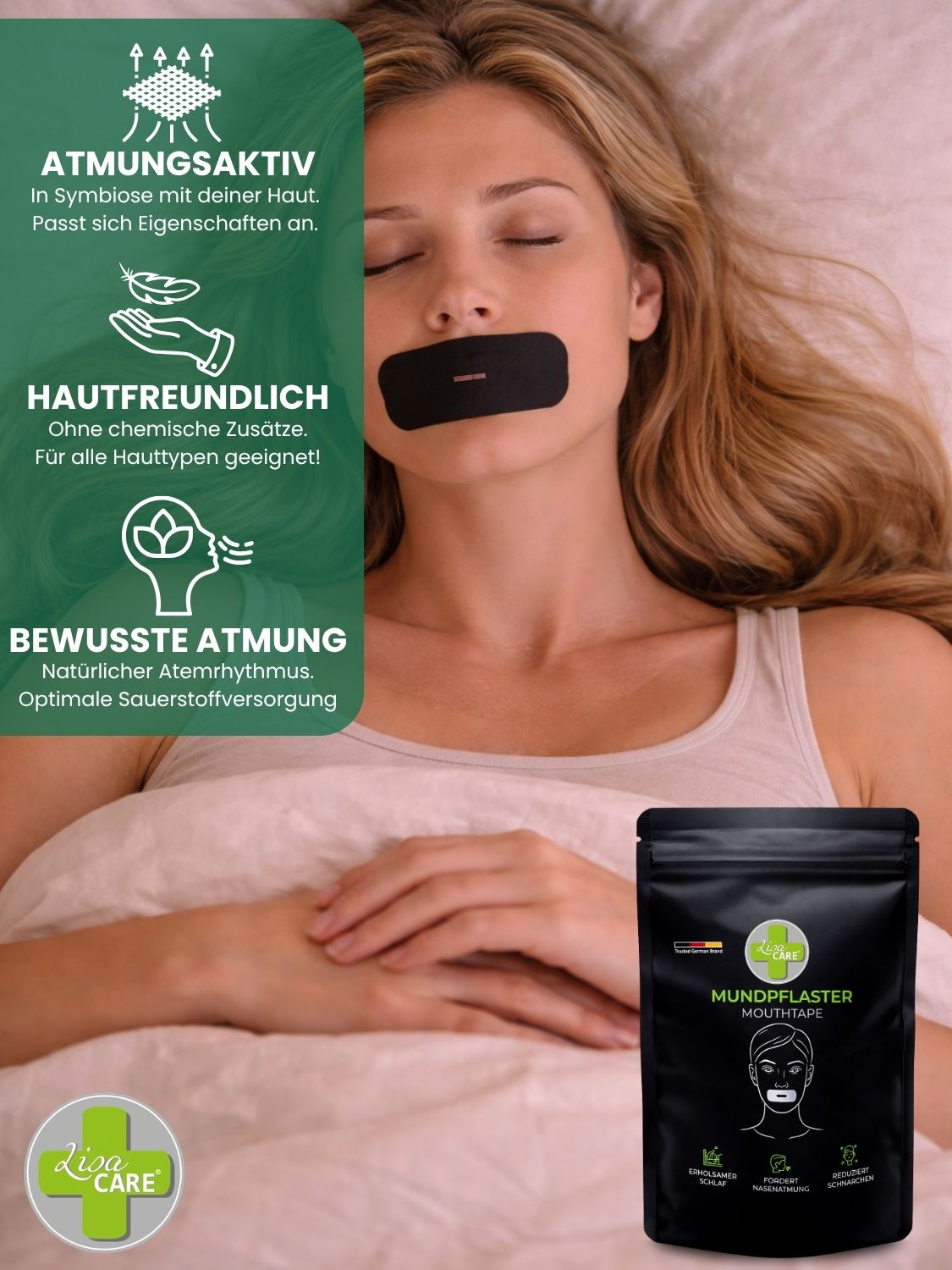 Frau schläft mit Mundpflaster. Schwarzes Pflaster auf dem Mund. Verpackung mit Produktname und Logo.