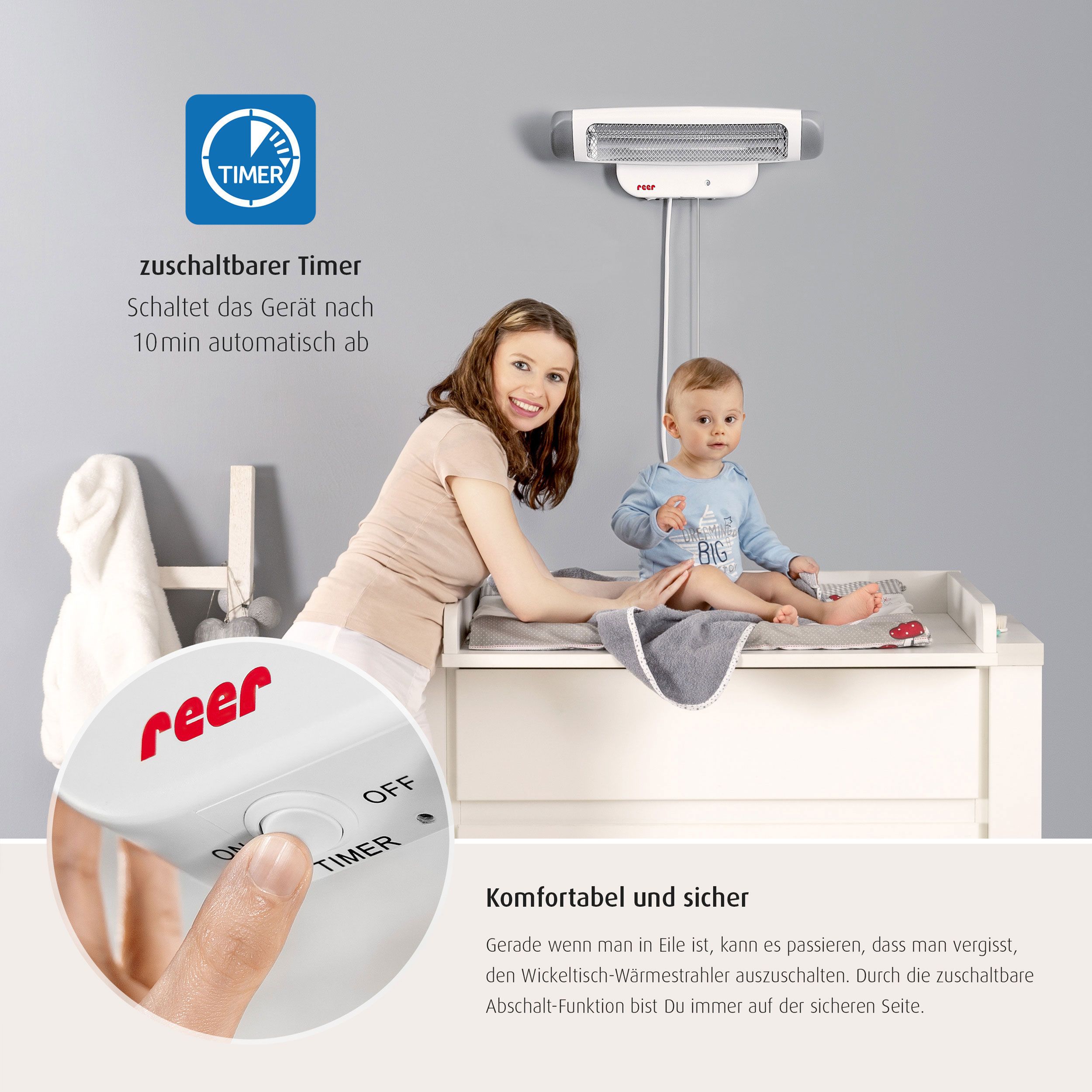 Wickeltisch-Wärmestrahler, weiß-grau, an Wand. Logo: reer. Bedienfeld mit Timer. Text: zuschaltbarer Timer. Baby.