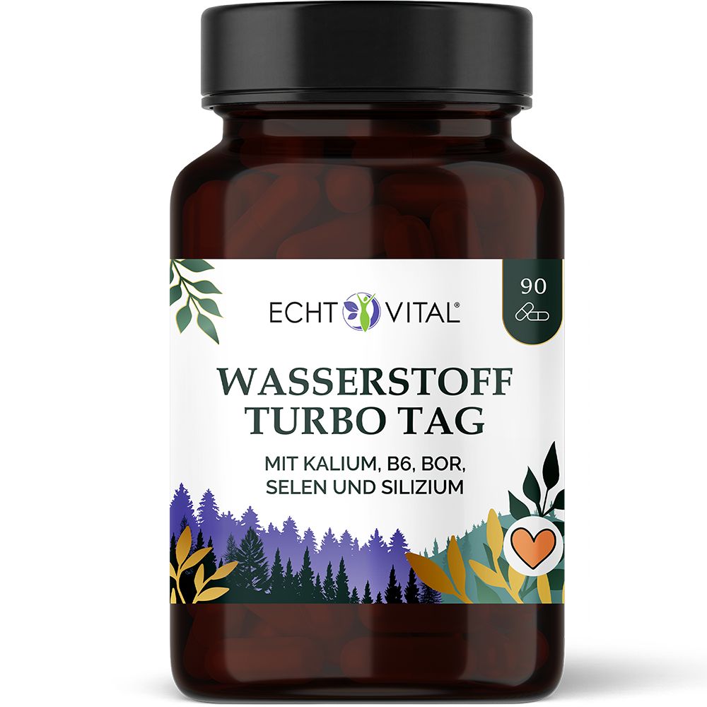 Braune Glasflasche mit schwarzem Deckel, gefüllt mit Kapseln. Das Etikett zeigt den Produktnamen und eine Waldlandschaft.