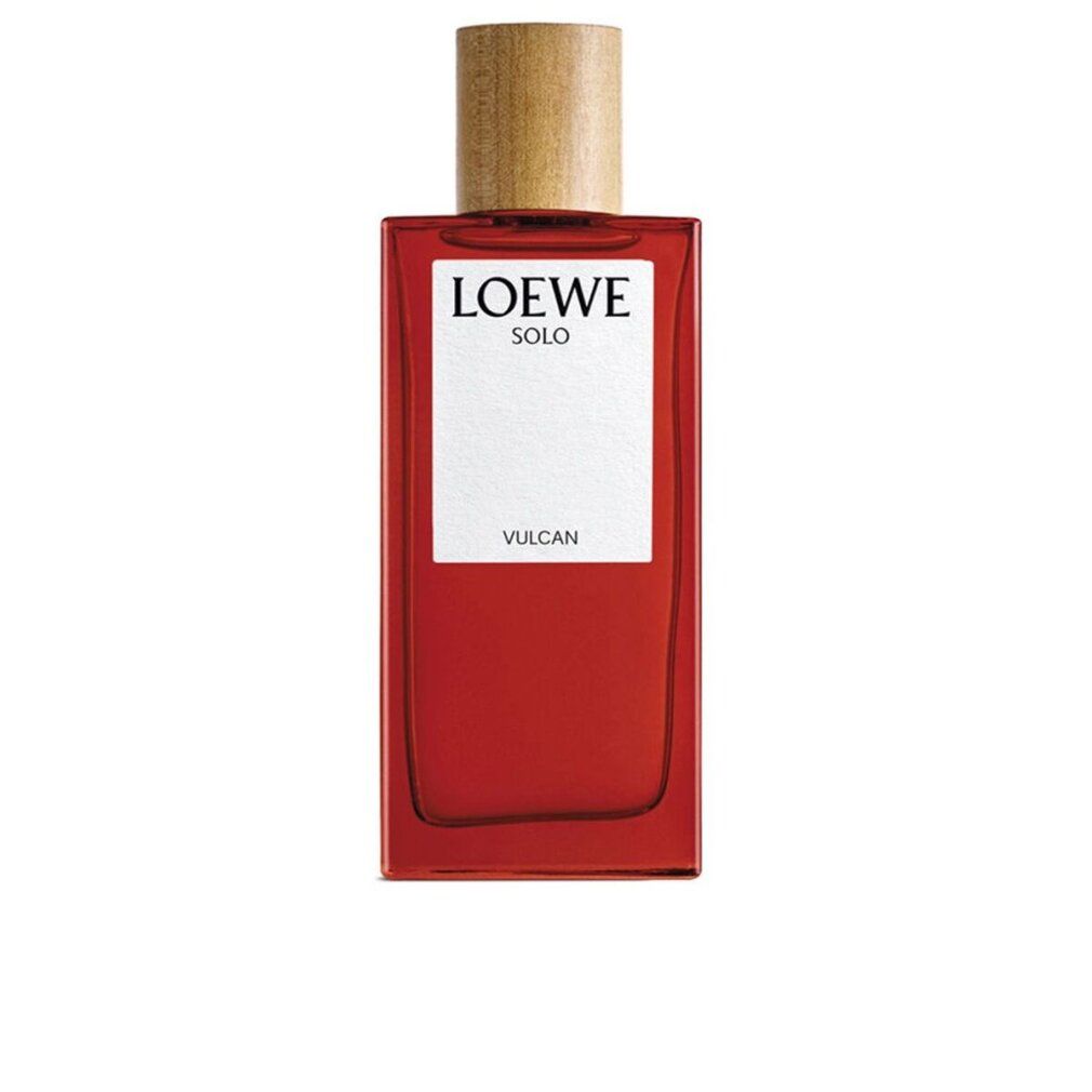 Rote Glasflasche mit Holzverschluss, Loewe Solo Vulcan Eau de Parfum.