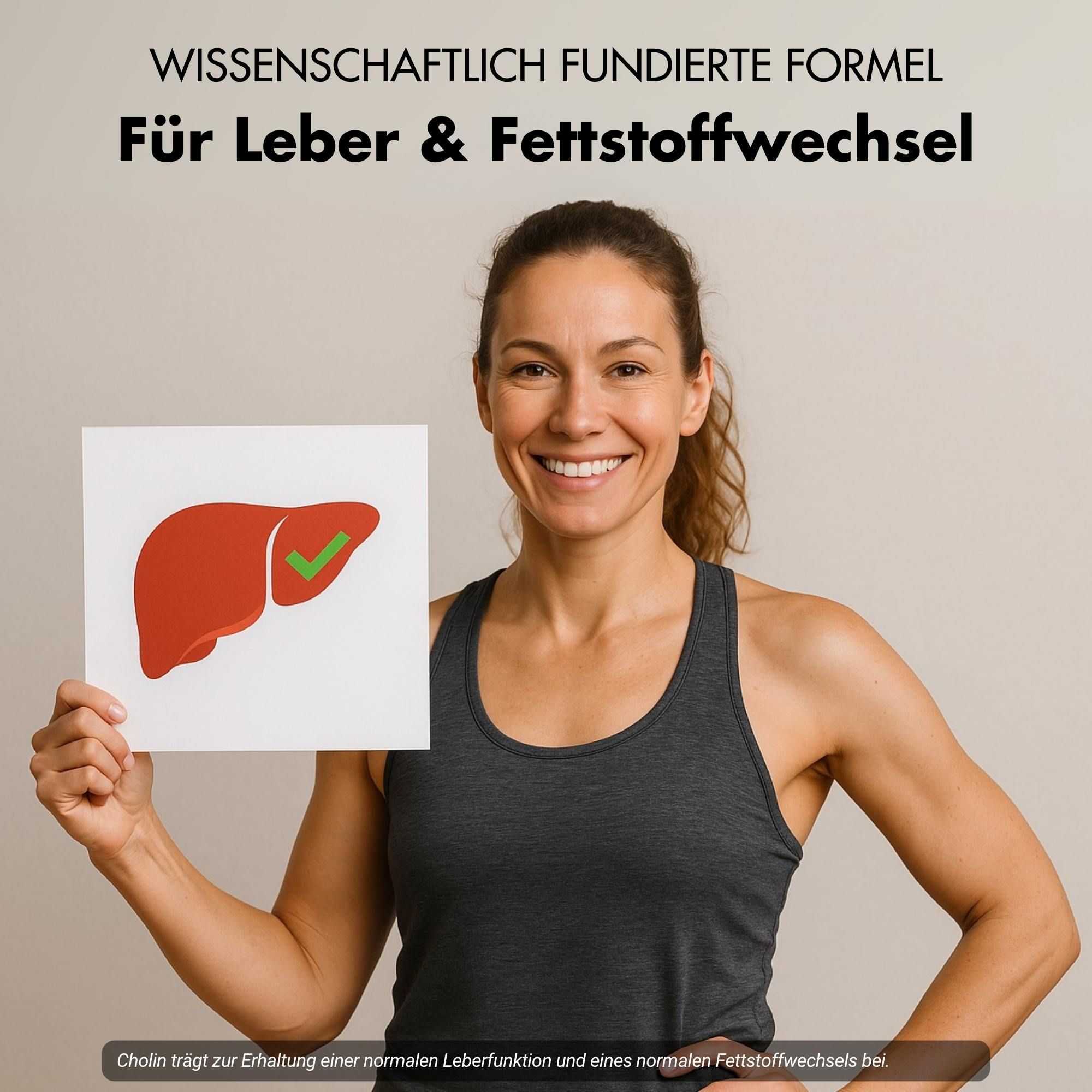 Frau hält Schild mit roter Leber und grünem Haken. Text: Für Leber & Fettstoffwechsel. Text: Cholin trägt zur Erhaltung... bei.