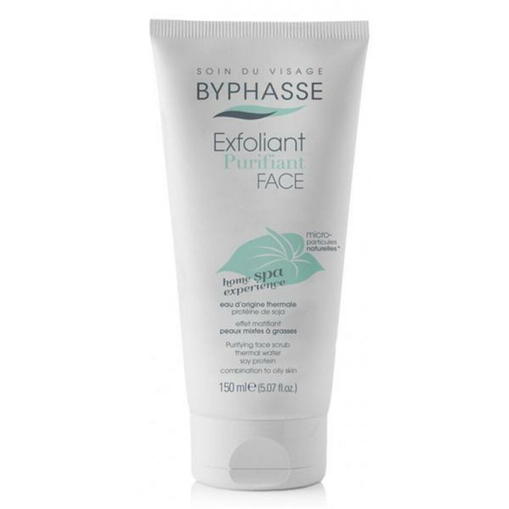 Weiße Tube mit Produktaufschrift. Text: BYPHASSE, EXFOLIANT PURIFIANT FACE, home spa experience. Enthält Thermalwasser. Für fettige Haut.