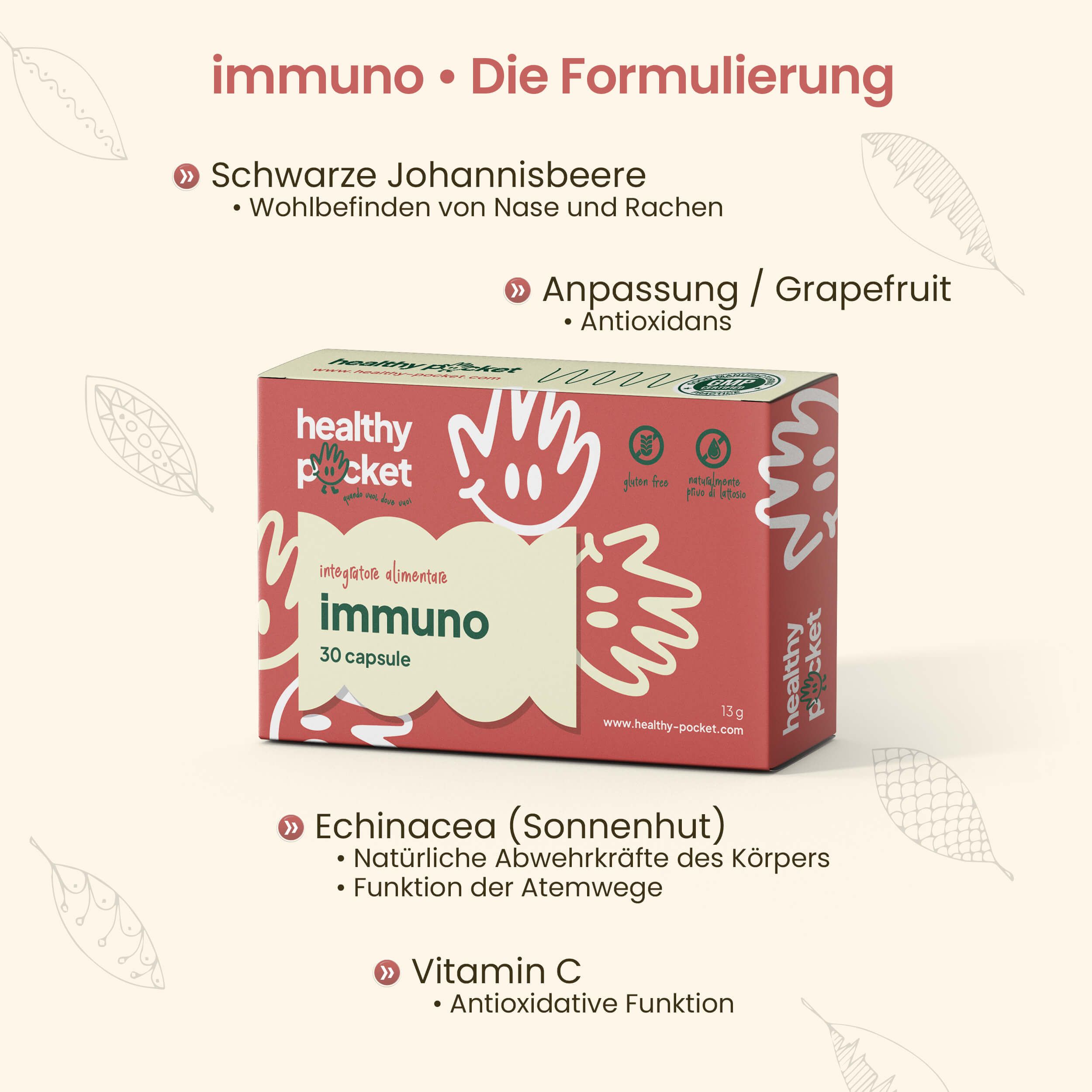 Verpackung Immuno mit Beschreibung der Formulierung: schwarze Johannisbeere, Echinacea, Vitamin C.