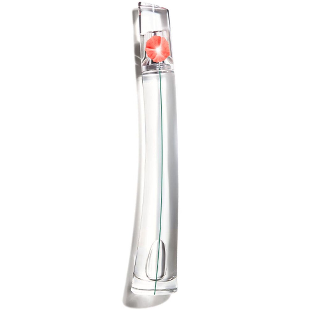 Transparenter Flakon mit roter Blume. Grüne Linie. Klarer Deckel.