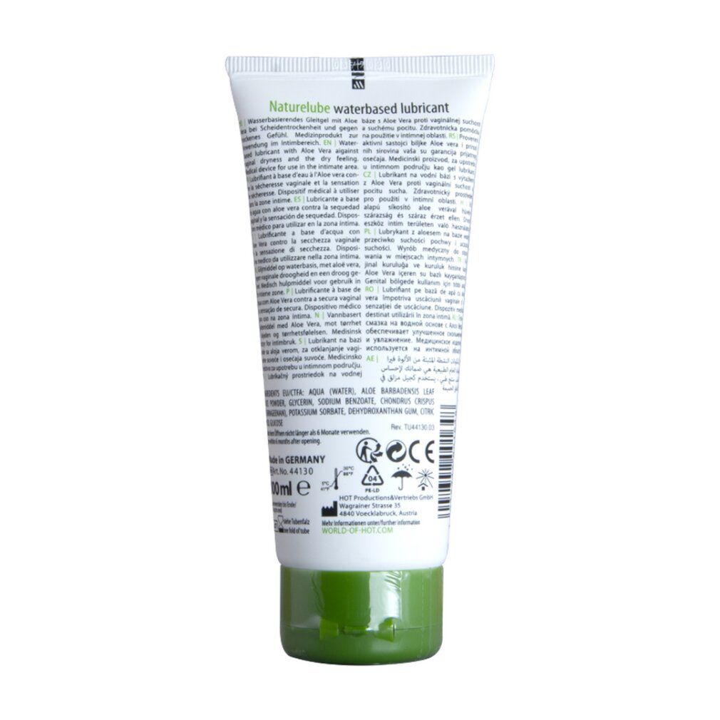 Rückseite einer Tube NATURELUBE Gleitmittel mit Aloe Vera. Enthält Inhaltsstoffe, Anwendungshinweise und CE-Kennzeichnung.