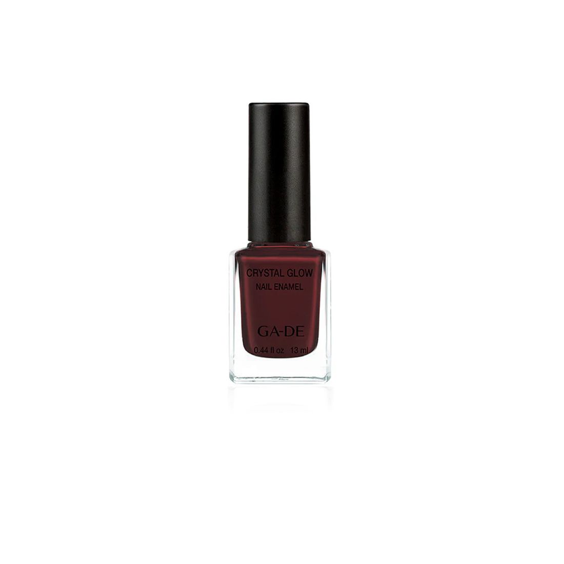 Ga-De Crystal Glow Nagellack, dunkelrot. Schwarzer Deckel. Aufschrift: Crystal Glow Nail Enamel, Ga-De.