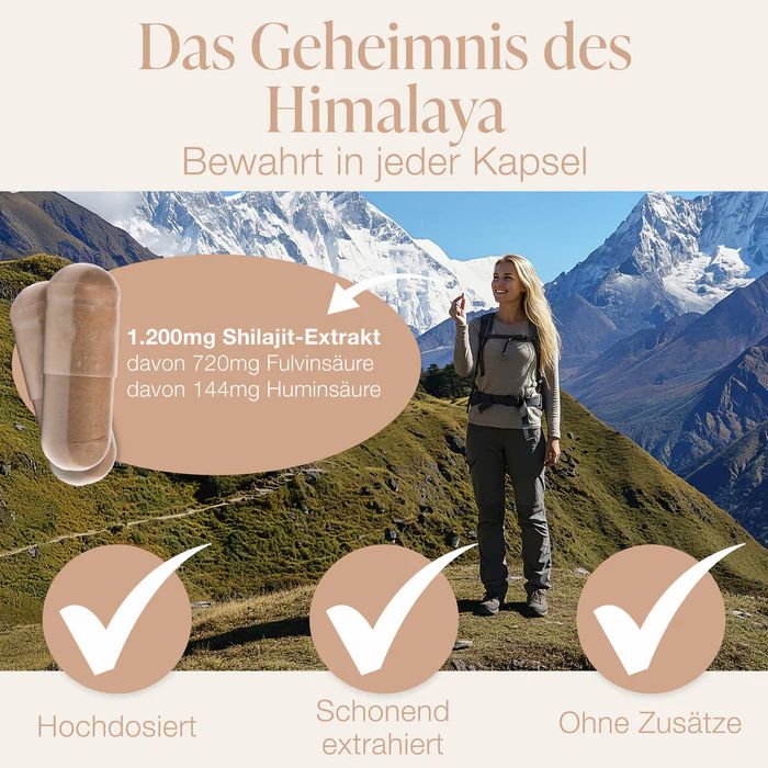 Kapseln neben einer Frau in den Bergen. Text: 1.200mg Shilajit-Extrakt. Symbole: Hochdosiert, schonend extrahiert, ohne Zusätze.