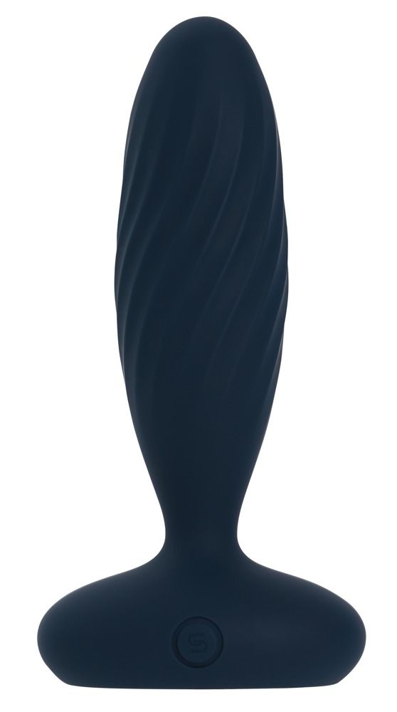 Dunkelblauer Analvibrator mit spiralförmiger Oberfläche. Der Vibrator hat eine ovale Basis und eine längliche Form.