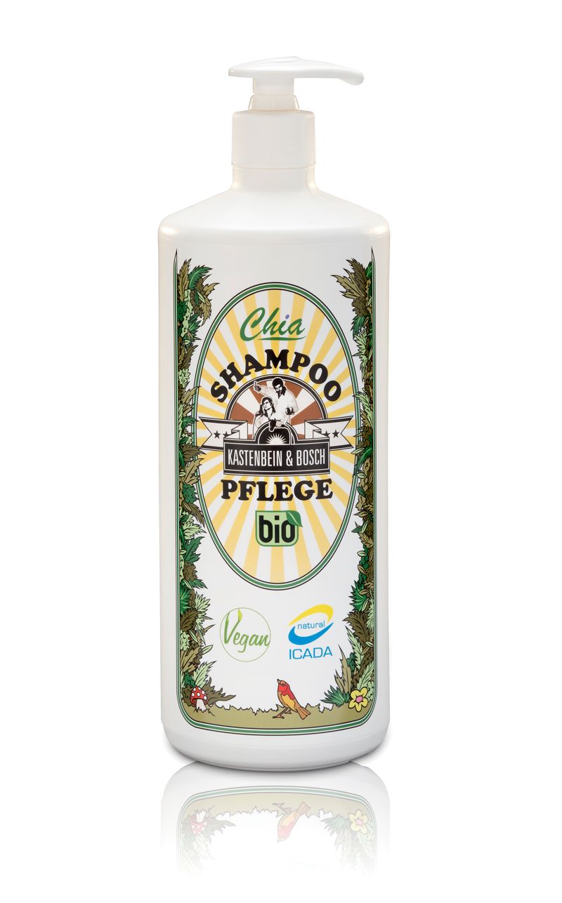 Weiße Flasche mit Pumpe. Aufschrift: Chia Shampoo Pflege, Bio, Vegan. Zertifizierung ICADA. Floral-Dekor.