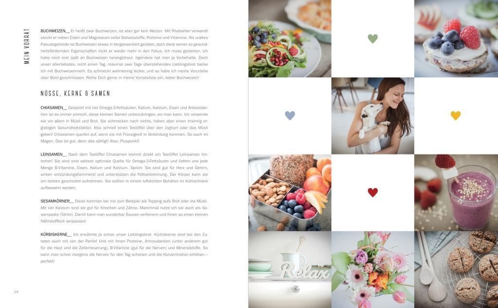 Buchseite mit Text und Bildern. Text über Rezepte und Zutaten. Bilder von Gerichten, Herzen und einer Frau mit Blumen.