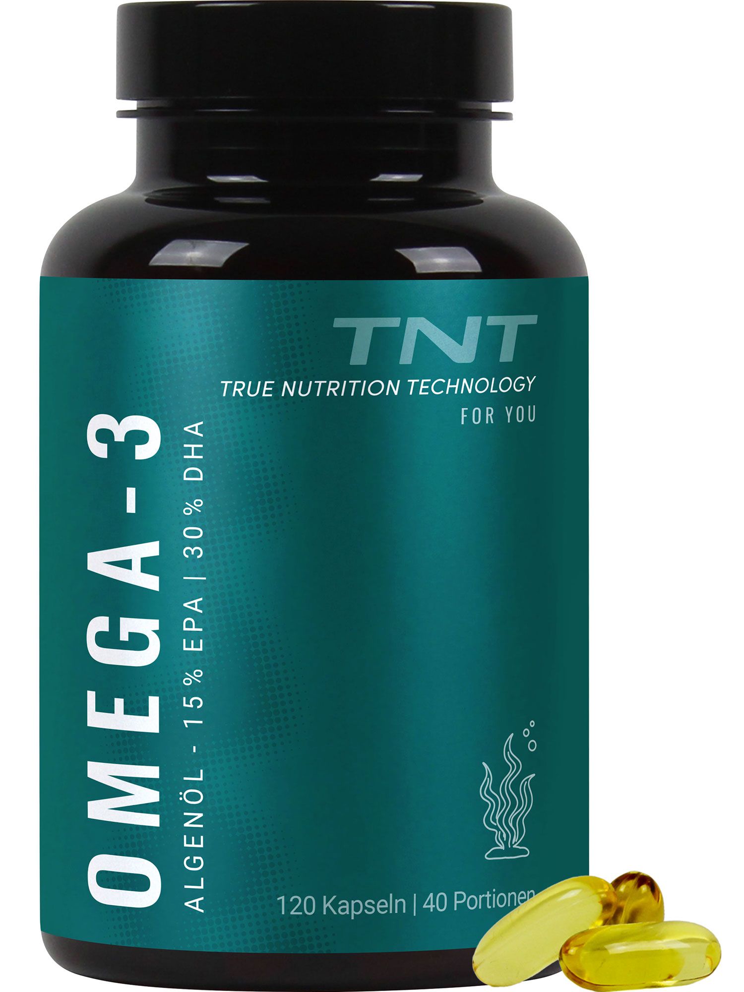 Flasche mit TNT Omega-3 Algenöl Kapseln, 120 Kapseln.