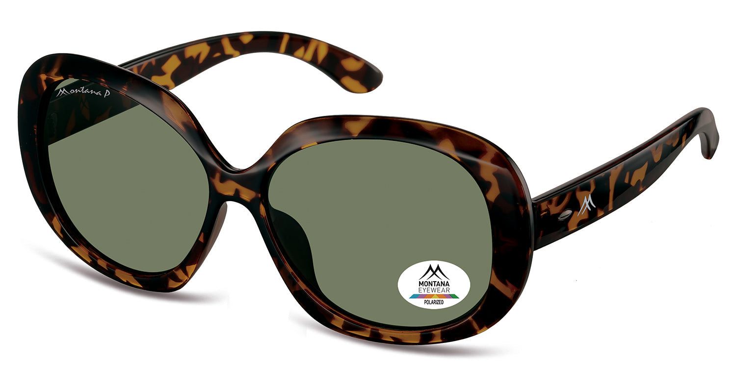 Sonnenbrille mit braunem Gestell und grünen Gläsern. Montana Eyewear Logo auf dem Bügel und Glas. Polarisiert.