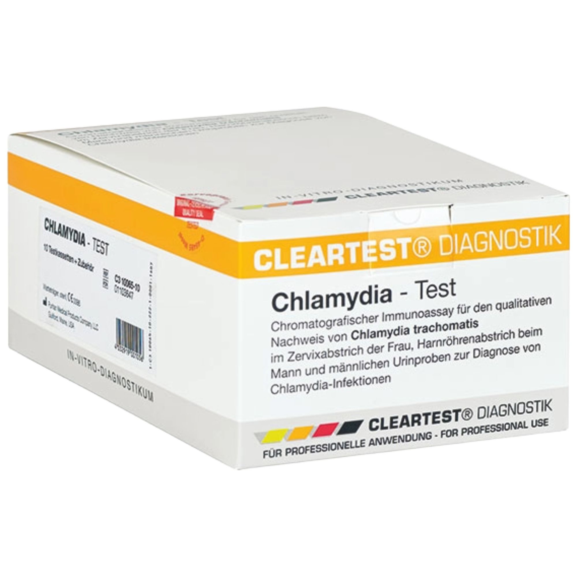 Verpackung von Cleartest Chlamydia-Test. Aufschrift: Chlamydia-Test, 10 Testkassetten + Zubehör. Marke: Cleartest Diagnostik.