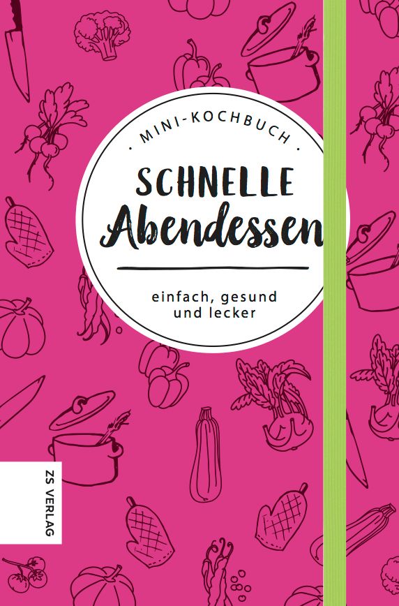 Mini-Kochbuch mit dem Titel "Schnelle Abendessen". Pinker Hintergrund mit Gemüse-Illustrationen. Grünes Lesezeichen.