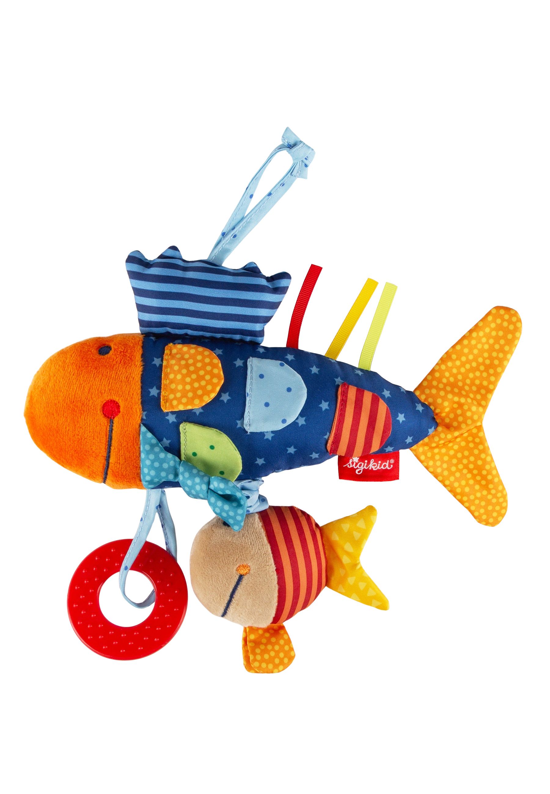 Aktiv-Spielfigur zum Aufhängen in Fischform. Orange, blau und gelb. Mit rotem Ring und Bändern. Marke: Sigikid.
