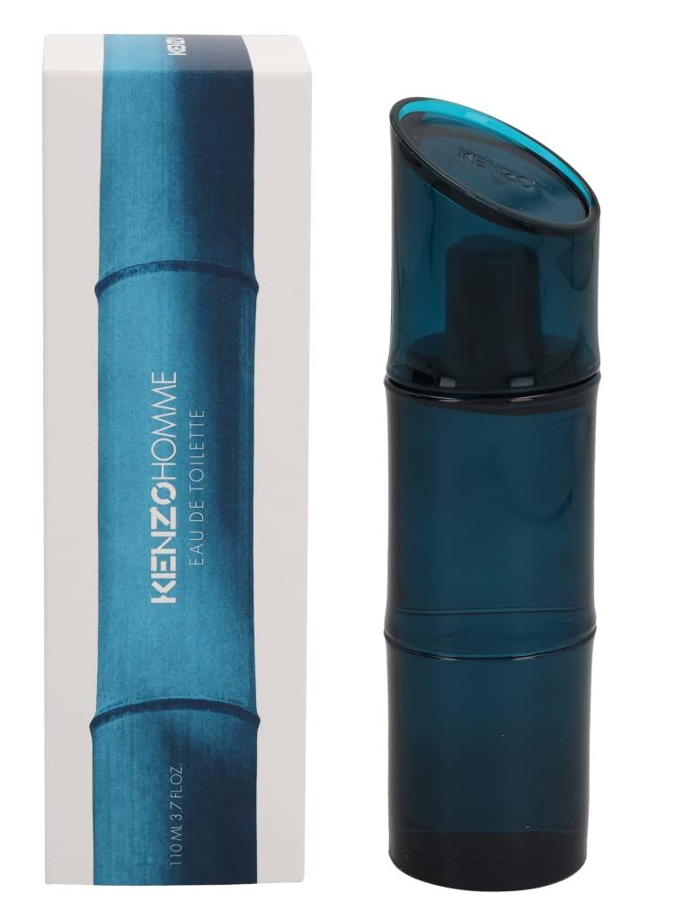 Türkisgrüner Flakon und Verpackung. Bambus-Design. Text: Kenzo Homme Eau de Toilette. 110 ml.