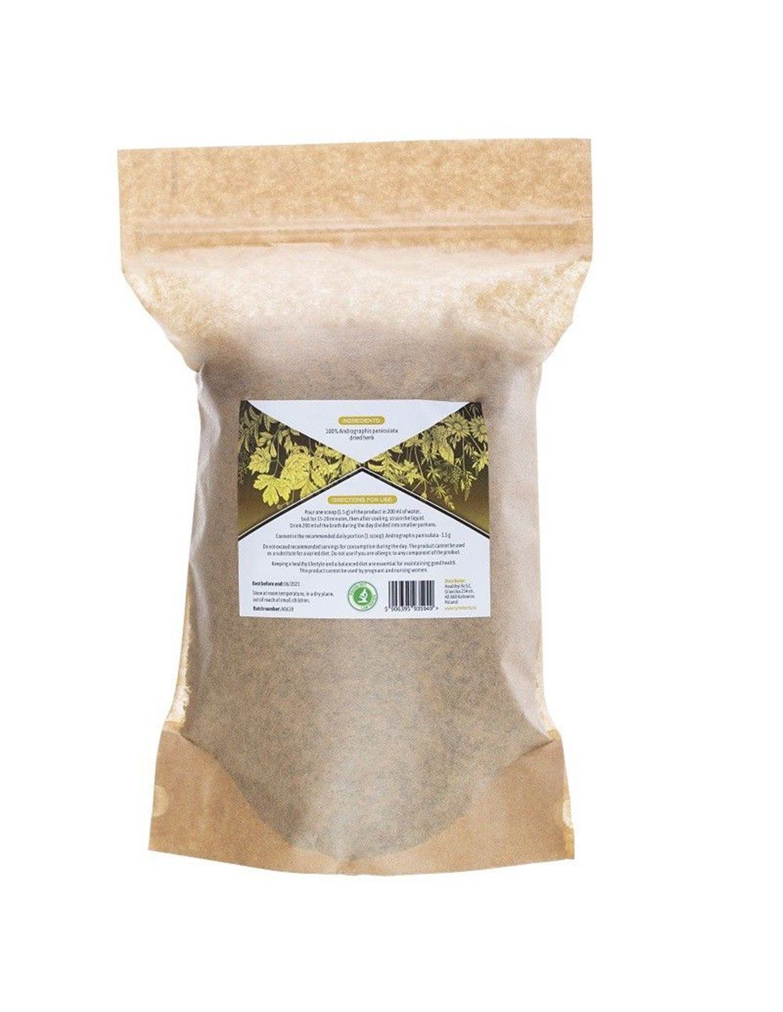 Beutel mit Kräutern. Etikett mit Produktinformationen und Logo. Braune Papierverpackung.