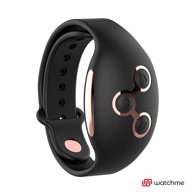 Schwarze Smartwatch-Steuerung mit drei Knöpfen und roségoldenen Akzenten. Logo: watchme.