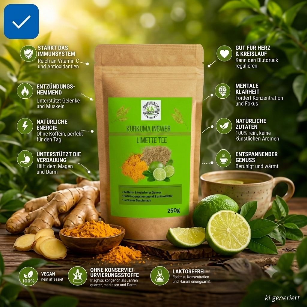 Kurkuma Ingwer Limette Tee 250g Beutel mit Infografiken zu Vorteilen, umgeben von frischen Zutaten und einer Tasse Tee.