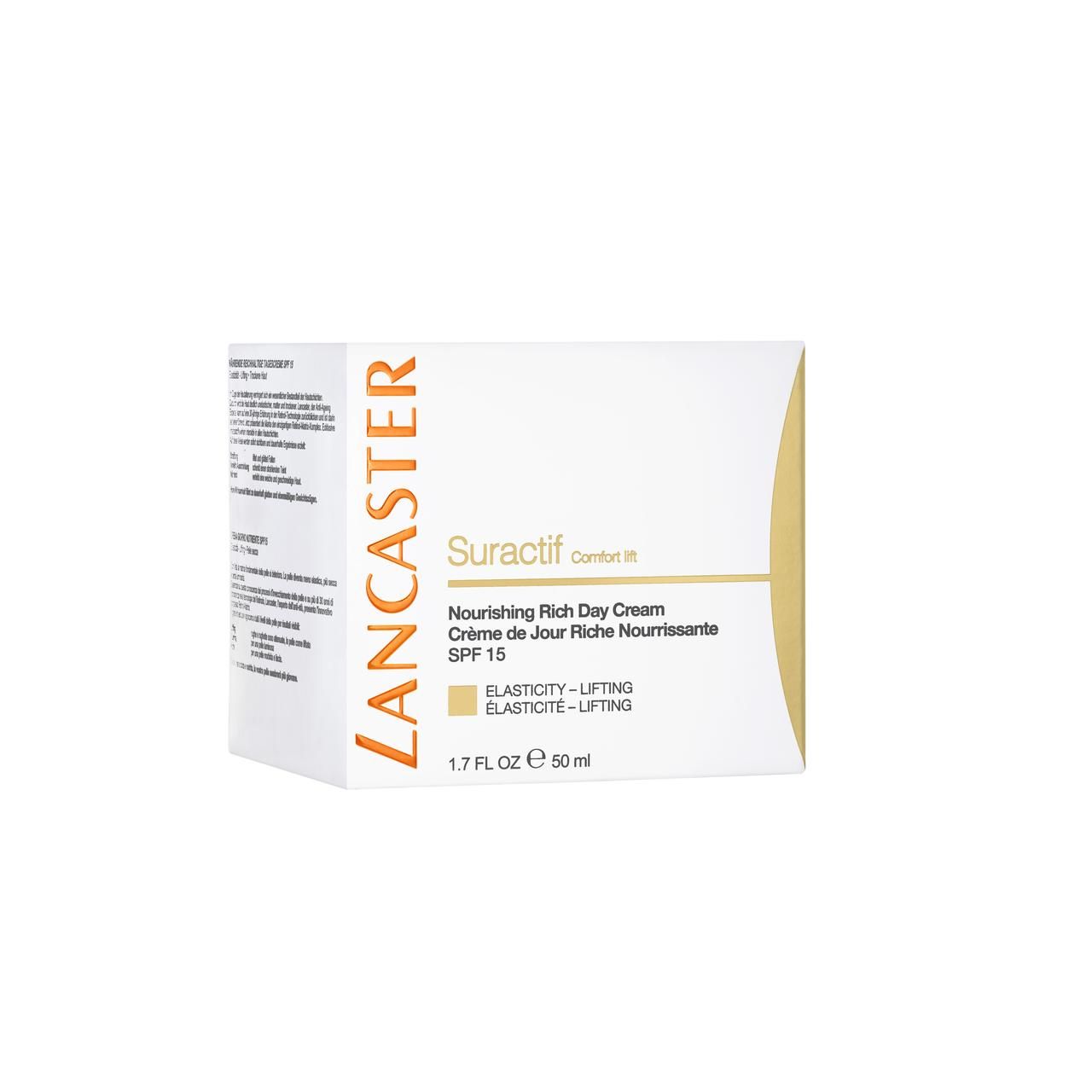 Verpackung mit Aufschrift: Lancaster, Suractif Comfort Lift, Nourishing Rich Day Cream SPF15, 1.7 FL.OZ. 50 ml.