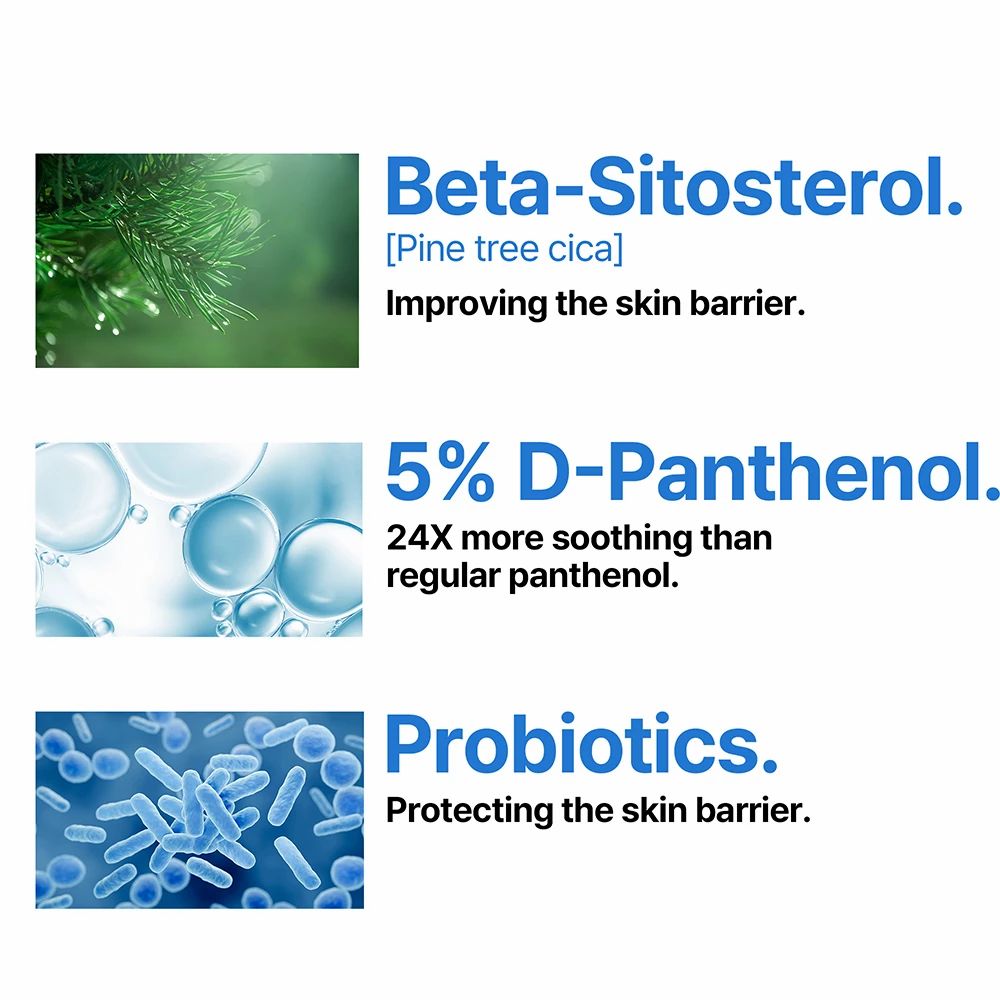 Grafik mit drei Abschnitten: Beta-Sitosterol, 5% D-Panthenol, Probiotika. Text beschreibt die Inhaltsstoffe.