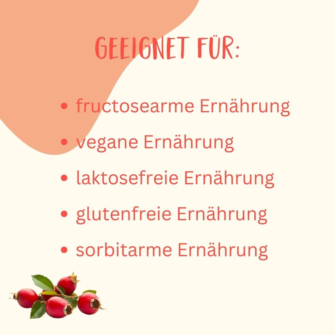 Liste mit Eigenschaften für FRUNIX® Hagebutten-Fruchtaufstrich. Geeignet für fructosearme, vegane, laktosefreie, glutenfreie und sorbitarme Ernährung. Illustrationen.