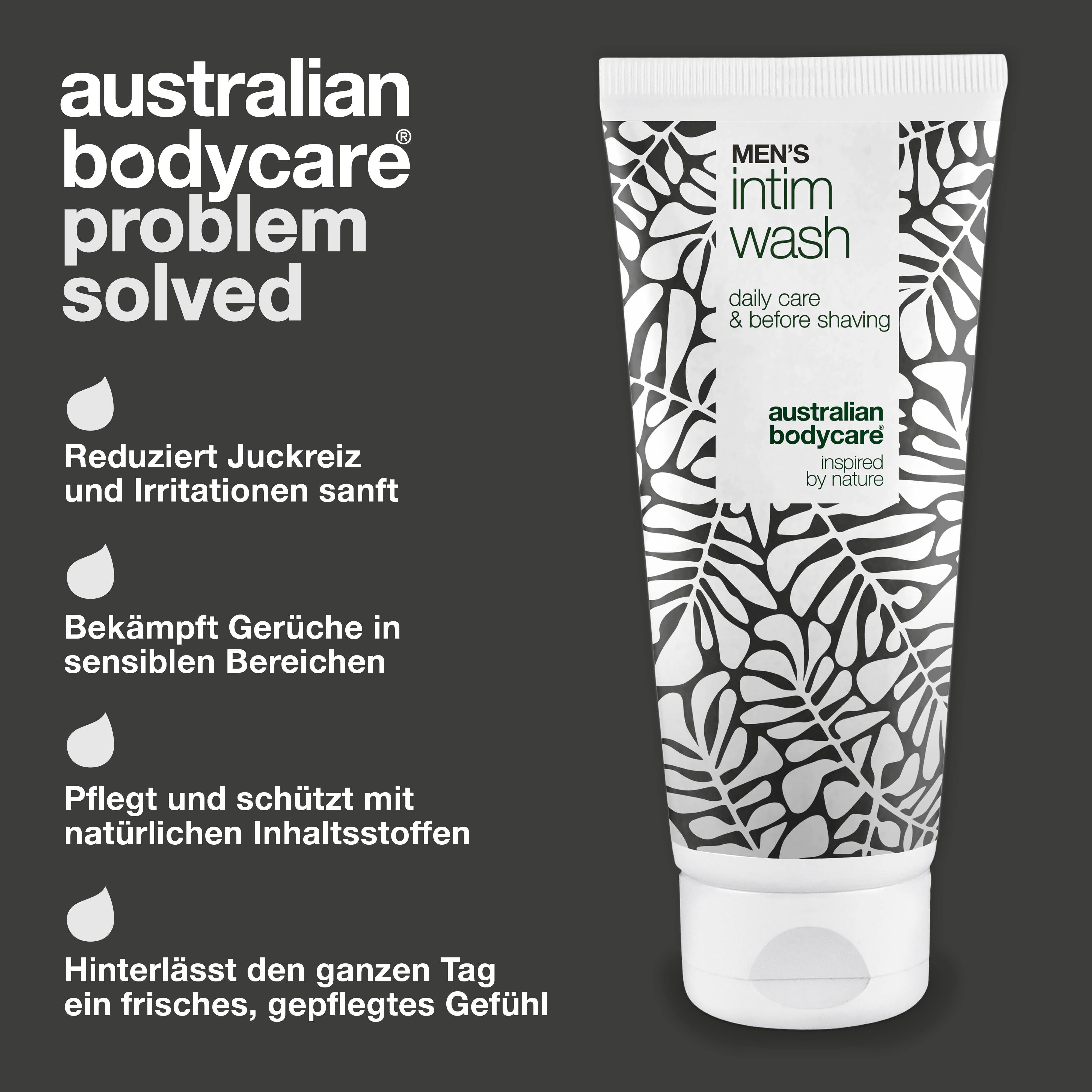 Tube Intimwaschlotion für Männer. Text: Reduziert Juckreiz, bekämpft Gerüche, pflegt mit natürlichen Inhaltsstoffen.