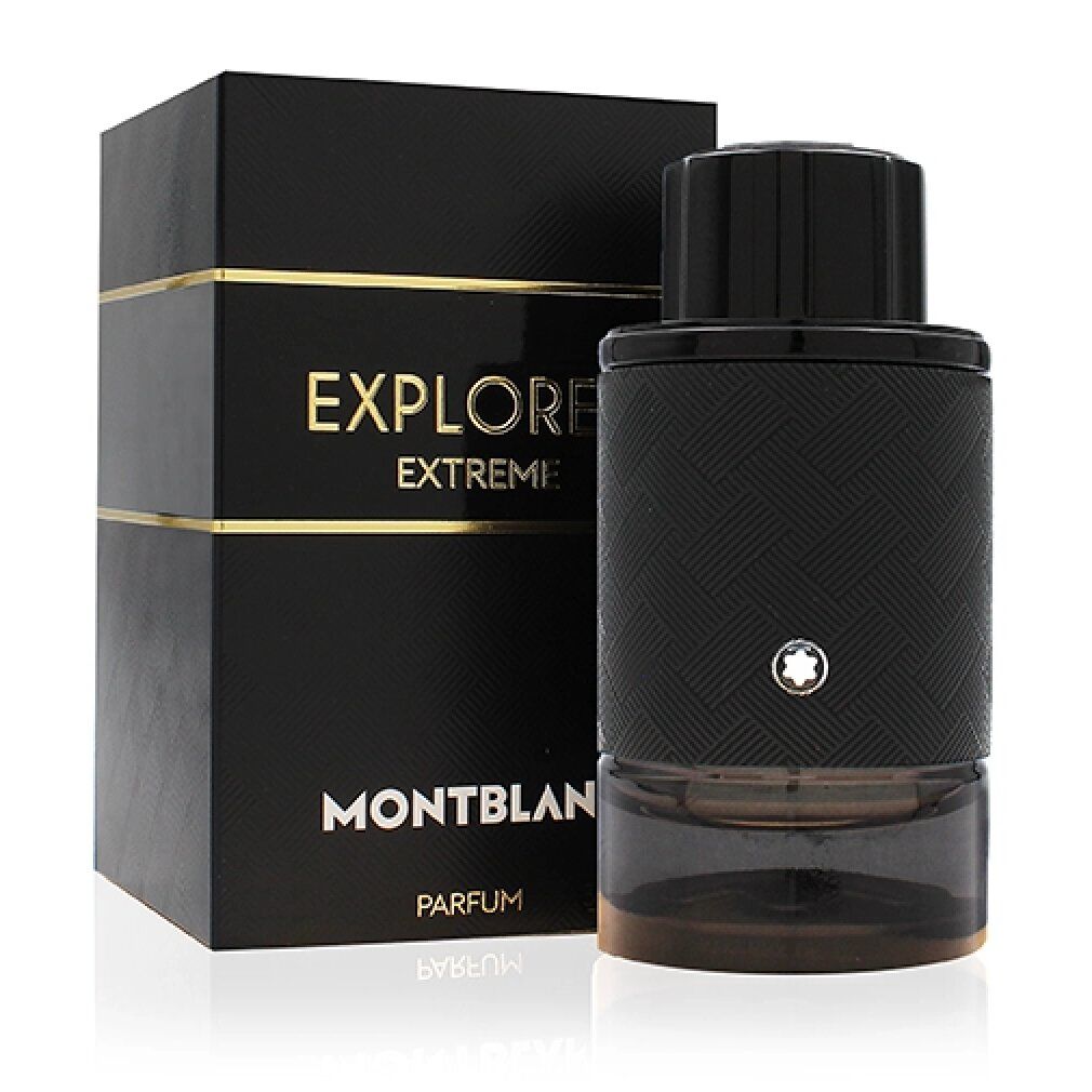 Schwarzer Flakon und Verpackung. Aufschrift EXPLORER EXTREME und MONTBLANC. Flakon mit schwarzem Deckel und silbernem Logo.