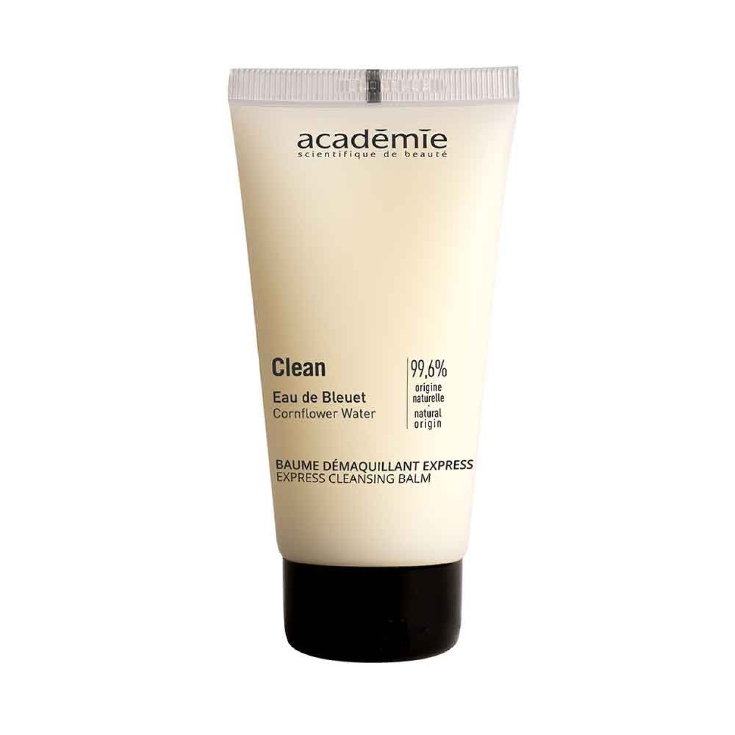 Creme-Tube mit Produktnamen und Markennamen. Text: Académie, Clean, Baume Demaquillant Express. 99,6% natürlichen Ursprungs.