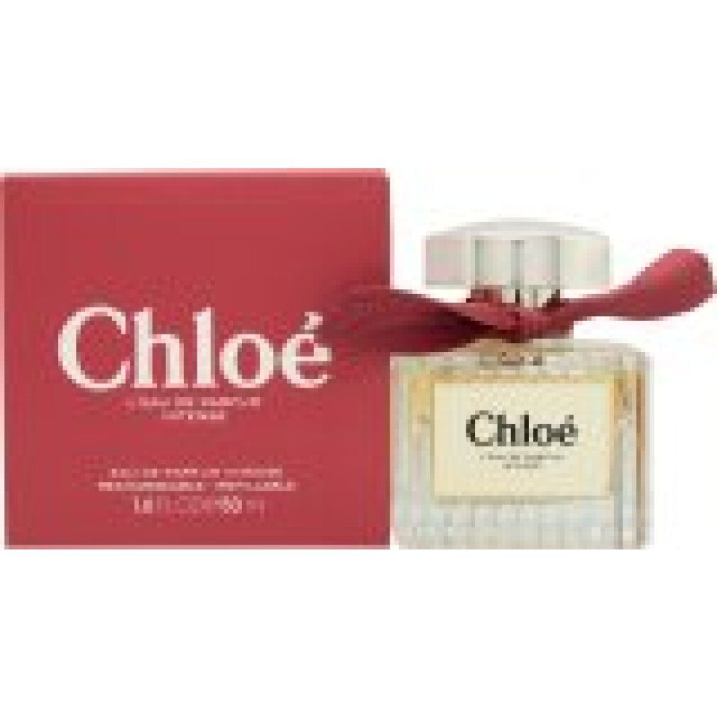 Chloé L'Eau de Parfum Intense Flakon und Box. Roter Karton mit Schriftzug. 50ml Flakon mit Schleife.