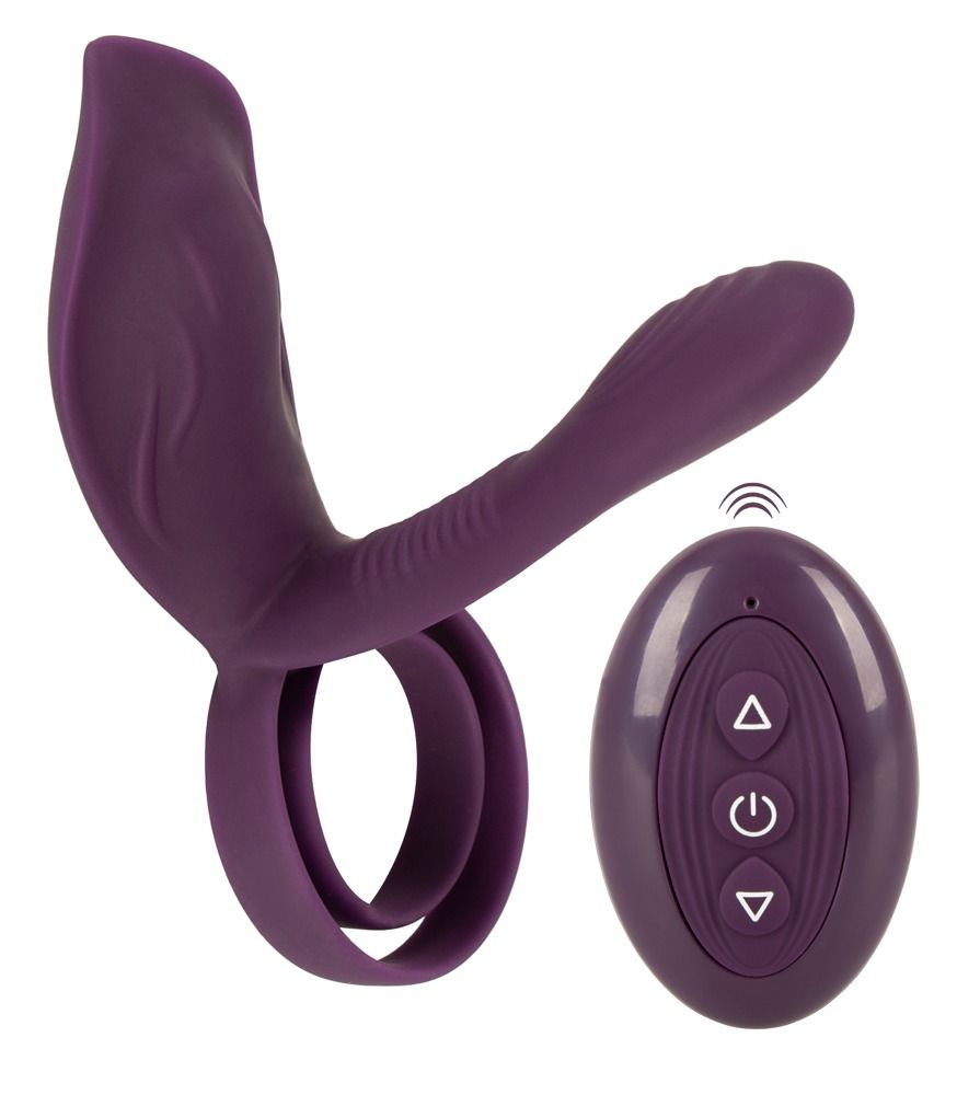 Lila Vibrator mit Ring und Fernbedienung. Drahtloses Symbol.
