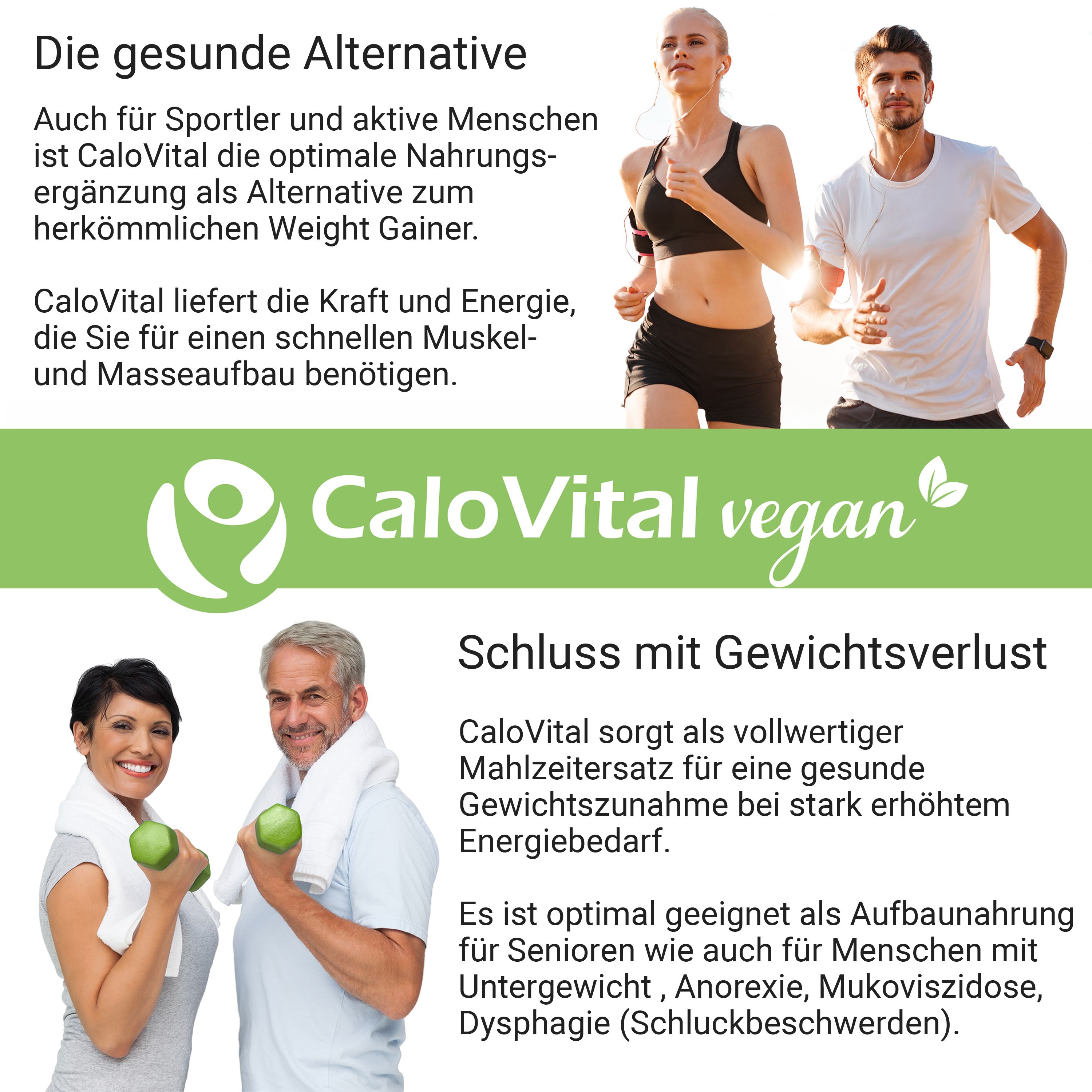 Sportler und älteres Ehepaar. Text: Die gesunde Alternative. Schluss mit Gewichtsverlust. CaloVital vegan. Text über Muskelaufbau und Gewichtszunahme.