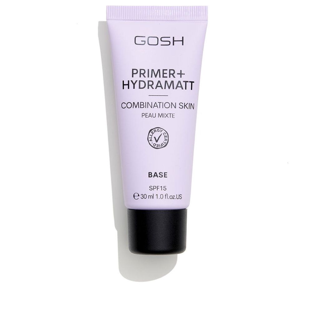 Tube mit Gosh Primer Hydramatt. Helllila Tube mit schwarzem Deckel. Text: Primer+ Hydramatt, Combination Skin, Base, SPF15, 30ml.