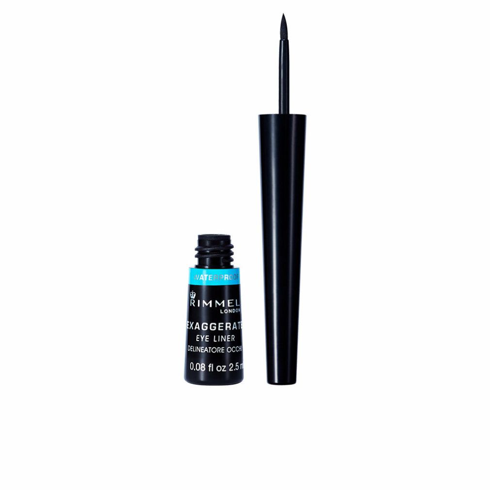 Schwarzer Eyeliner mit Applikator. Flasche mit blauer Banderole. Aufschrift: Rimmel London Exaggerate Eye Liner Waterproof 003.