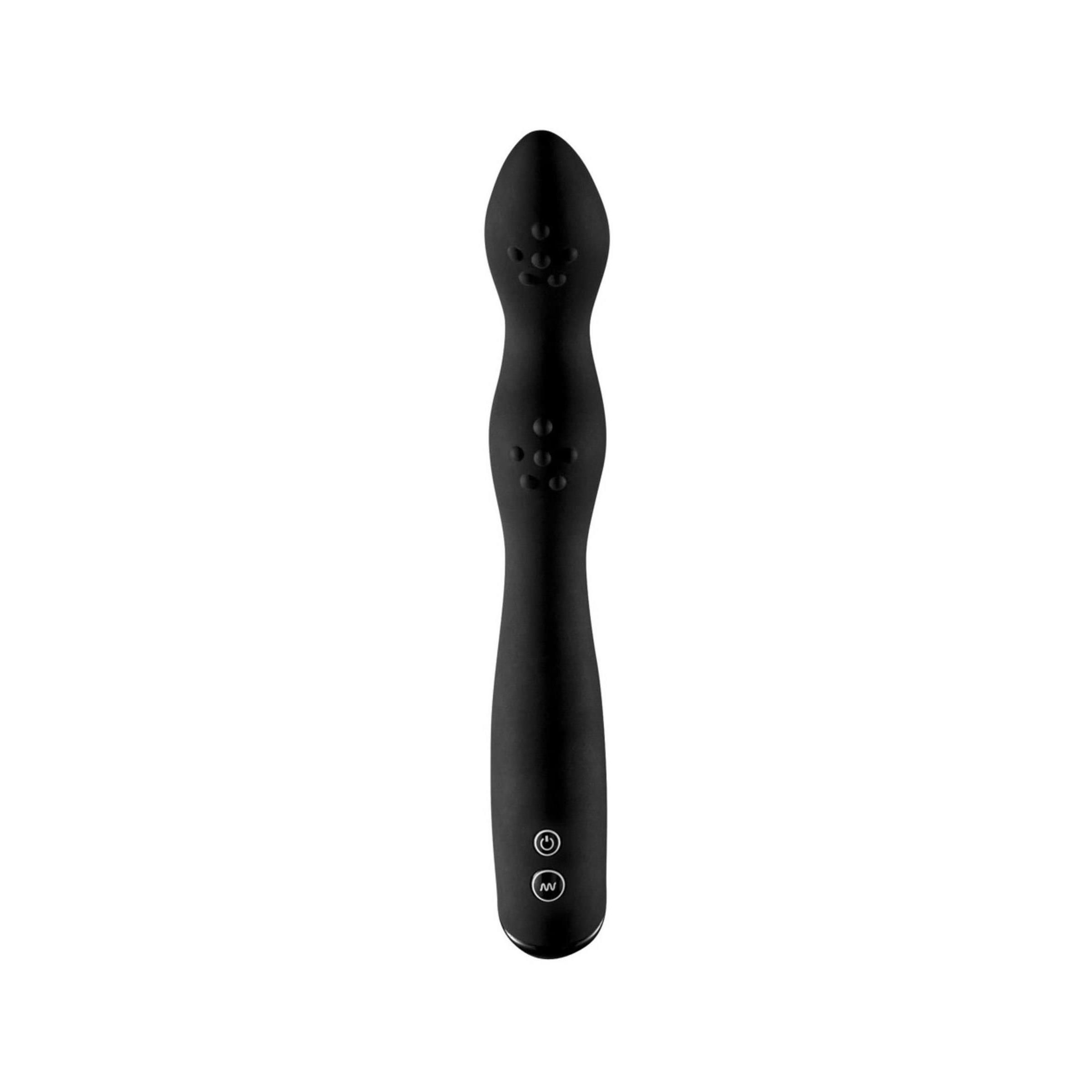 Schwarzer Vibrator mit länglicher Form. Zwei Knöpfe an der Basis. Oberfläche mit kleinen Erhebungen.
