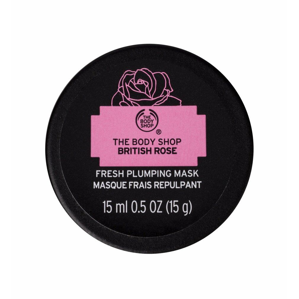 Runder, schwarzer Tiegel mit rosa Etikett. Darauf steht "THE BODY SHOP BRITISH ROSE" und "FRESH PLUMPING MASK".