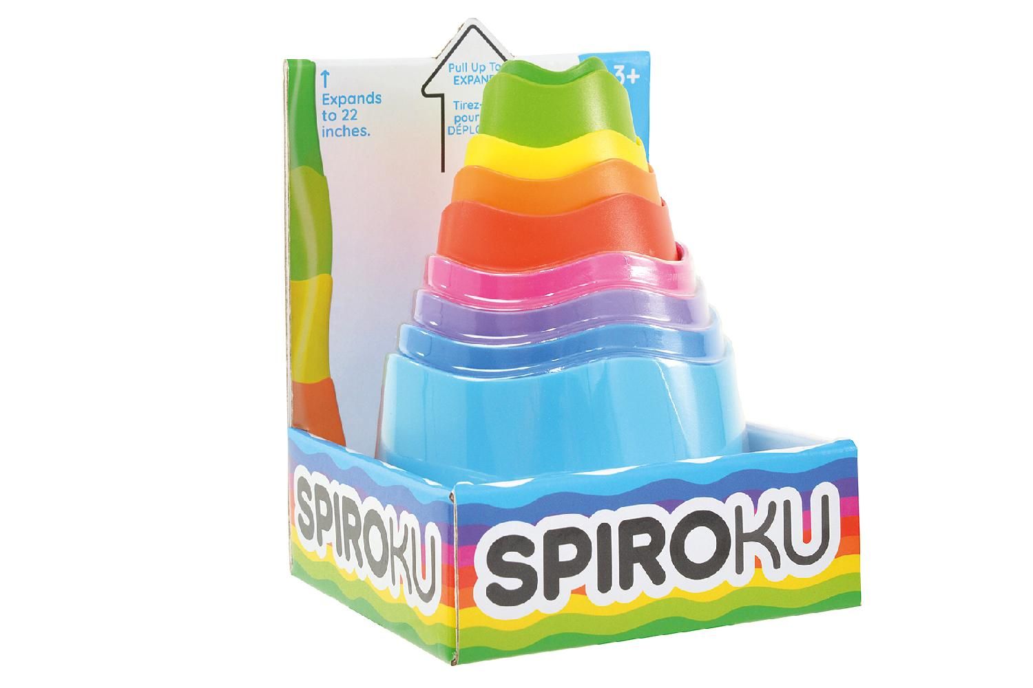 Stapelspiel SpiroKu. Mehrfarbige Zylinder in Verpackung. Zylinder in Regenbogenfarben, ineinander gestapelt. Blaue Basis, Markenname.