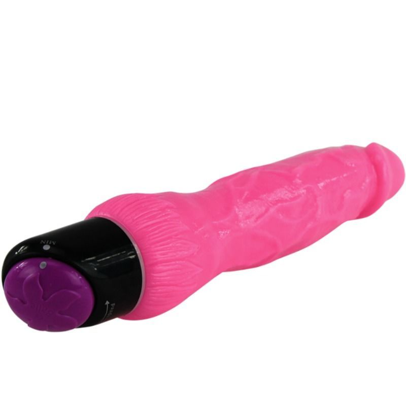 Pinkfarbener Vibrator mit schwarzem Sockel und lila Knopf. Der Vibrator ist horizontal ausgerichtet.