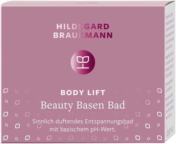 Rosa Karton mit "Hildegard Braukmann Body Lift Beauty Basen Bad". Text: Sinnlich duftendes Entspannungsbad mit basischem pH-Wert.