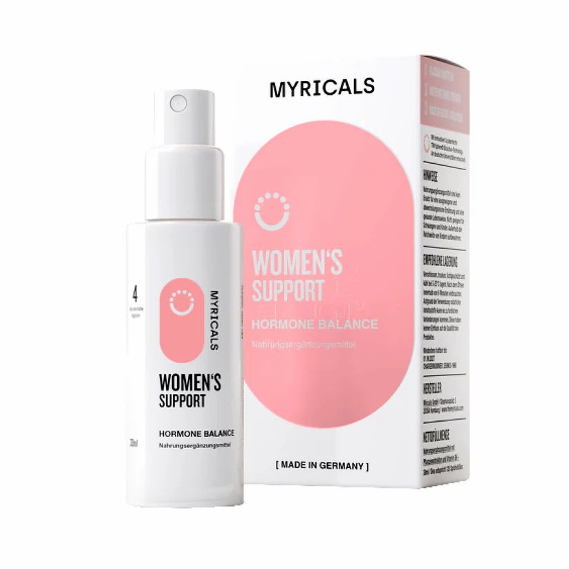 MYRICALS Women's Support. Weiße Sprühflasche und Verpackung mit pinkfarbenem Akzent. Schriftzug: Women's Support, Hormone Balance.