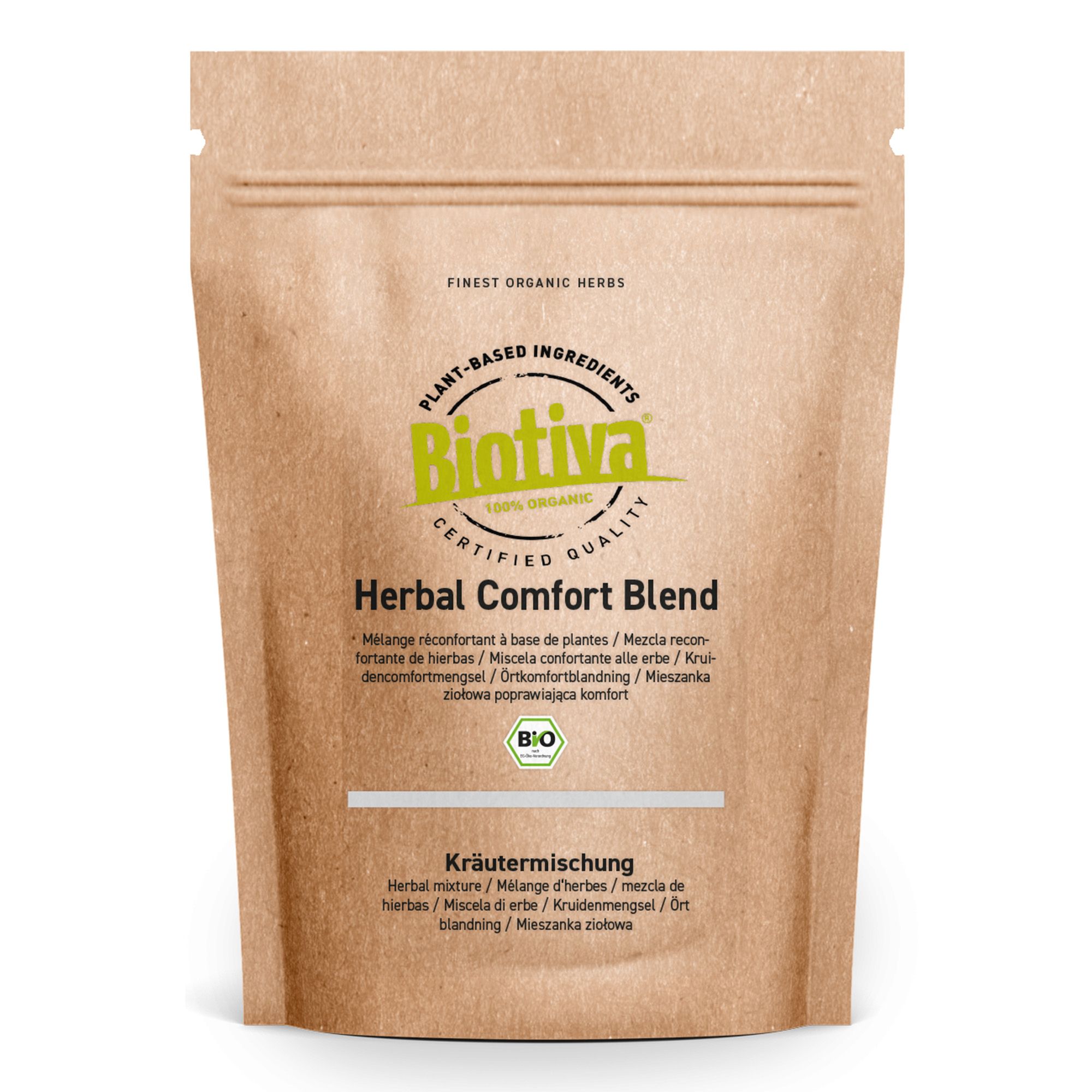 Braune Papierverpackung mit Text. Aufschrift: Biotiva, Herbal Comfort Blend. Bio-Zertifizierung. Kräutermischung.