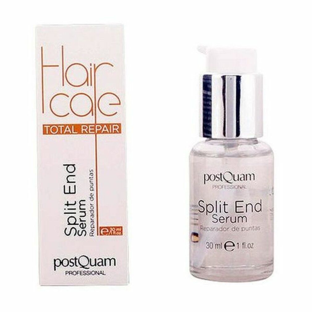 Serumflasche und Verpackung. Flasche mit silberner Pumpe, Verpackung mit Text: Hair Care Total Repair Split End Serum.