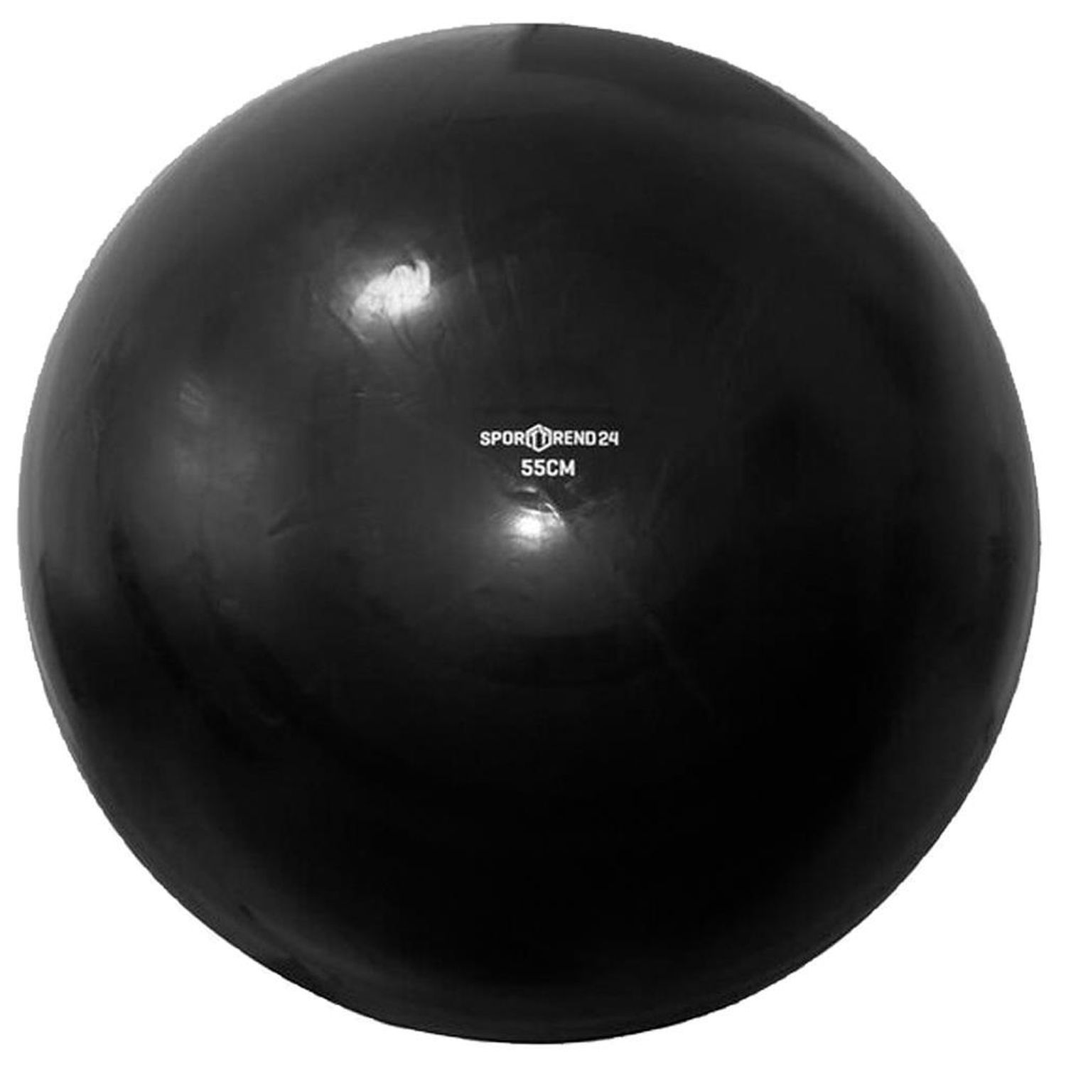 Schwarzer Gymnastikball mit Aufschrift "Sporttrend24 55cm". Der Ball ist rund.