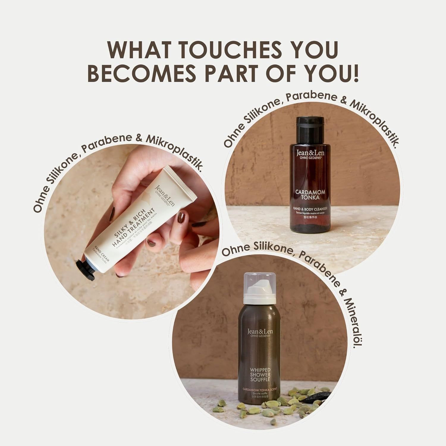 Drei Produkte: Handcreme, Hand- & Body Cleanser und Duschschaum. Text: Ohne Silikone, Parabene & Mikroplastik. Logo von Jean & Len.