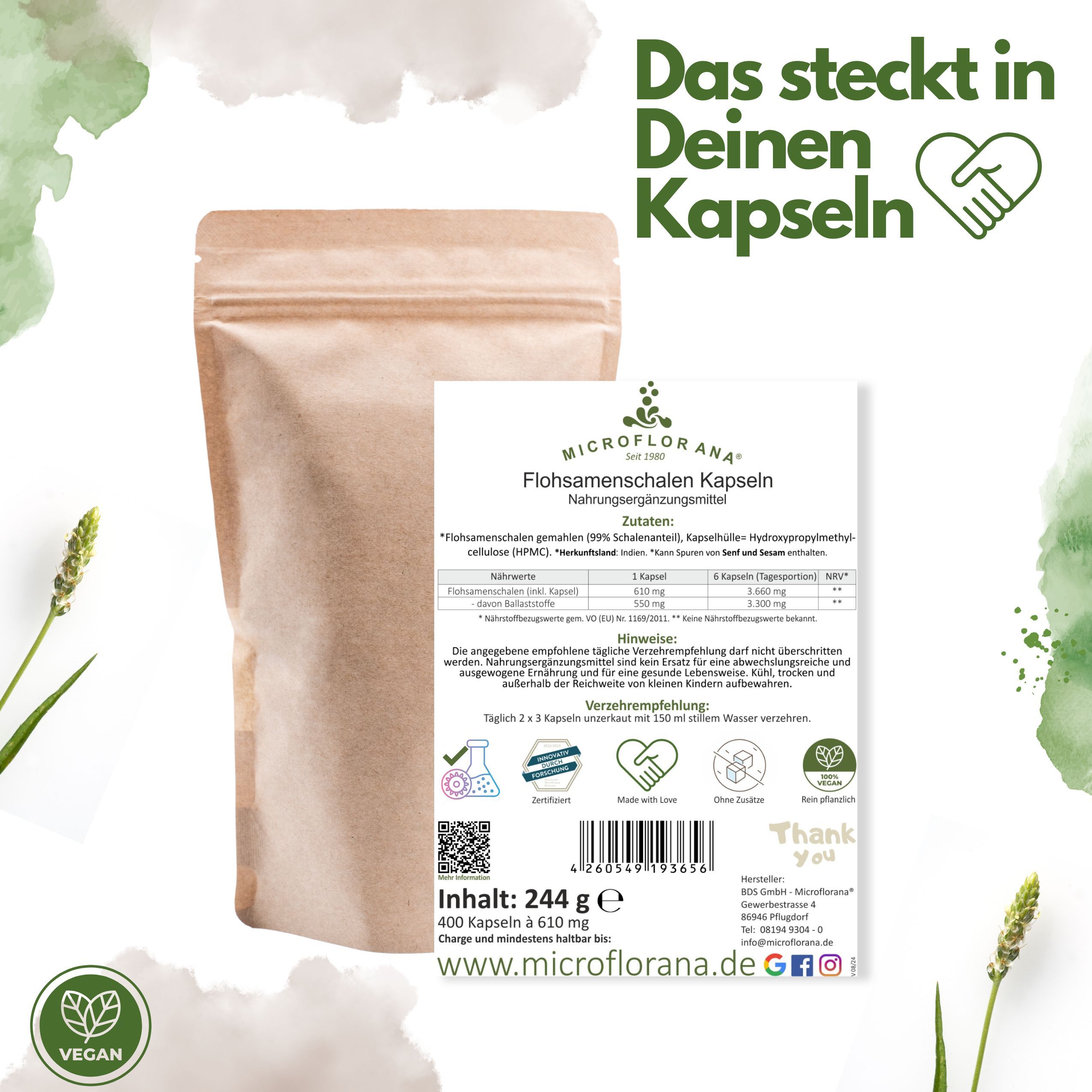Produktverpackung mit Kapseln und Beipackzettel. Text: Flohsamenschalen Kapseln, 400 Kapseln. Nährwertangaben.