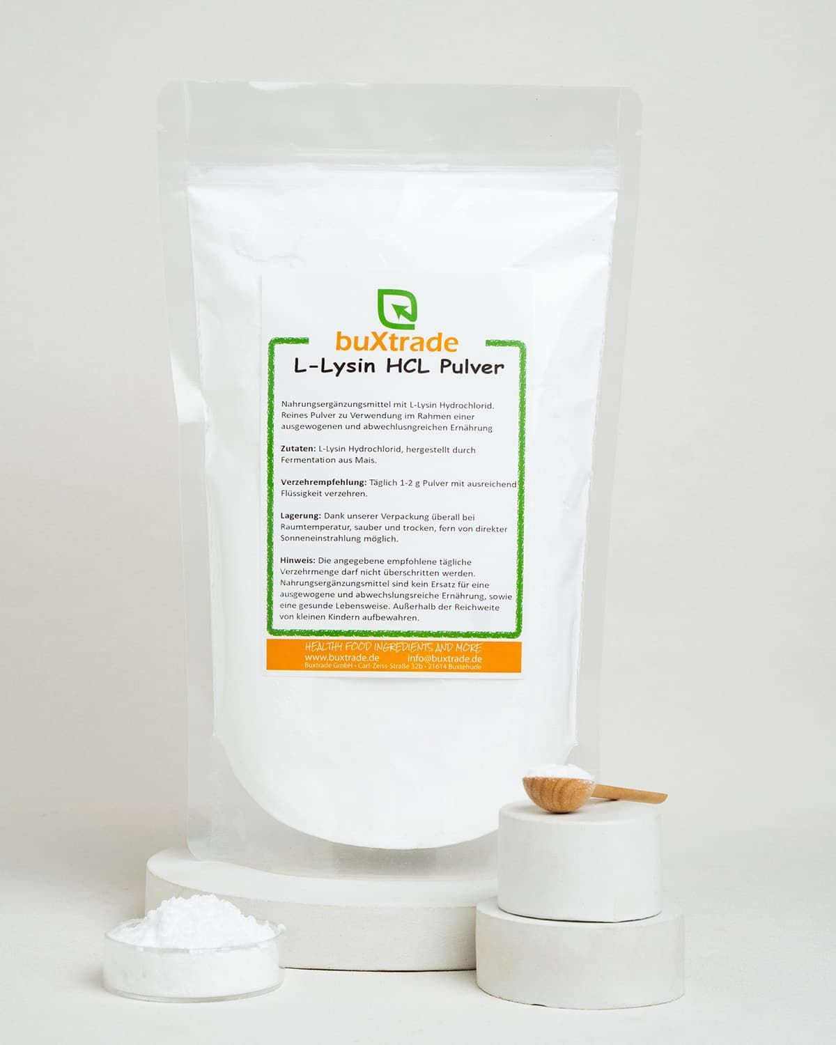 Beutel mit L-Lysin HCL Pulver von buxtrade.
