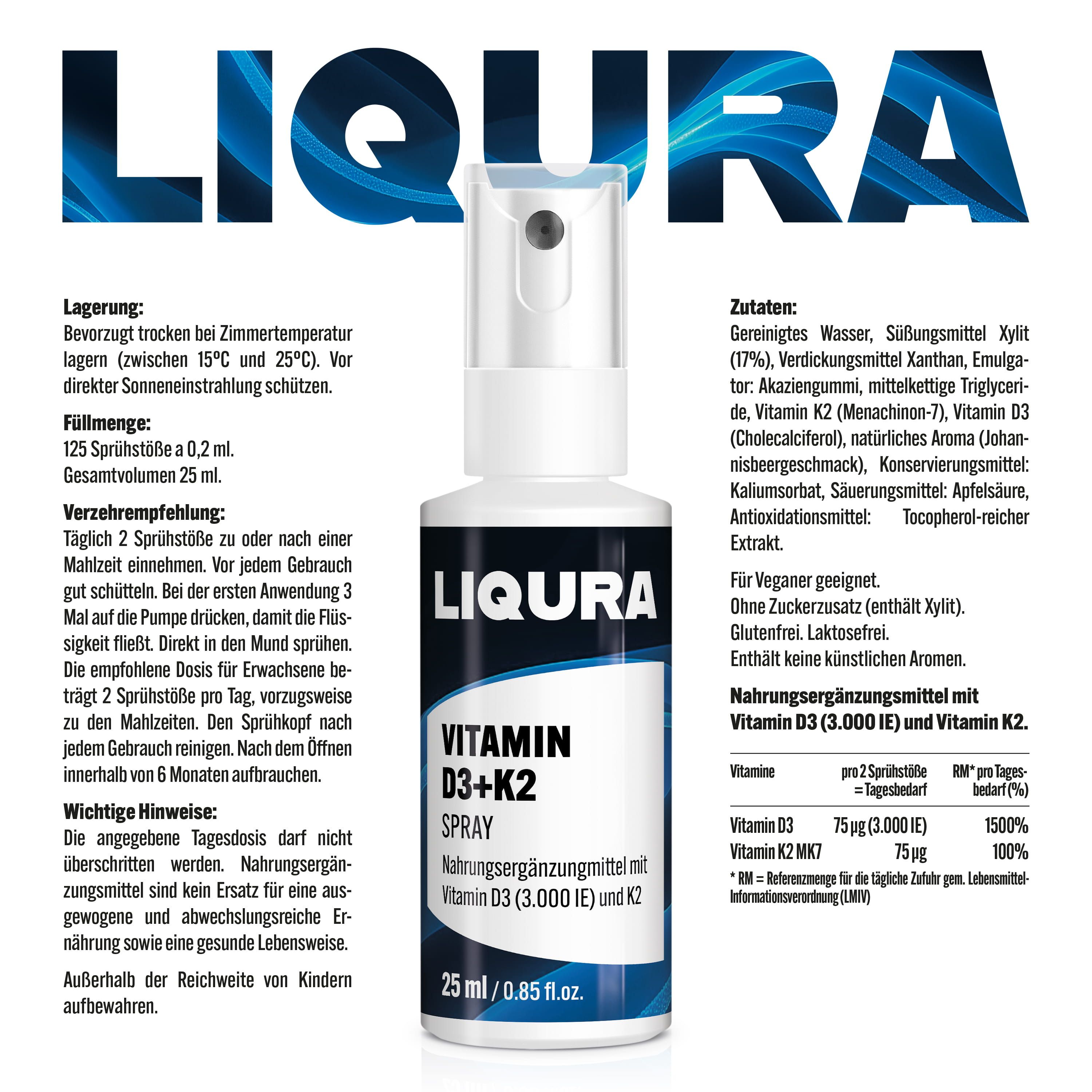 LIQURA Vitamin D3+K2 Spray: Lagerung, Füllmenge, Anwendungsempfehlung.