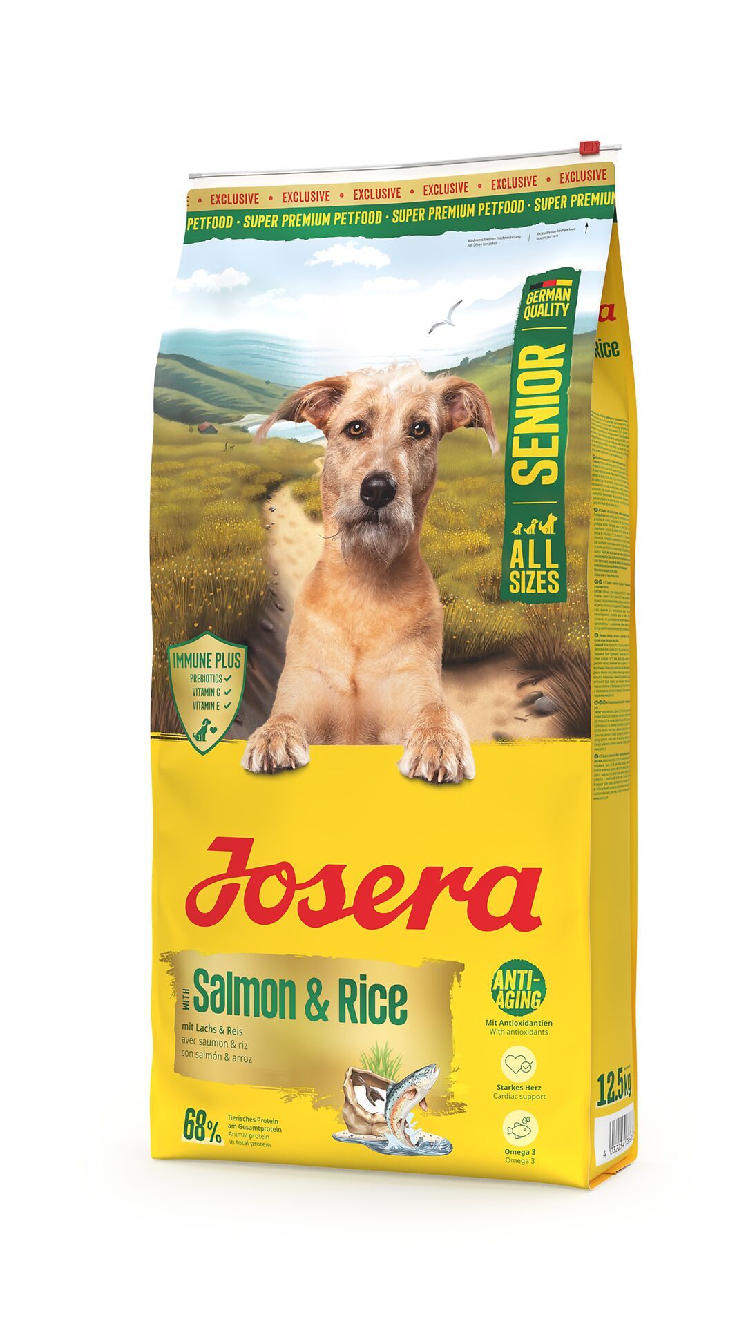 Gelbe Verpackung mit Hund, Produktname JOSERA Senior Salmon & Rice. Text: German Quality, Immune Plus, Anti-Aging, 12.5 kg.