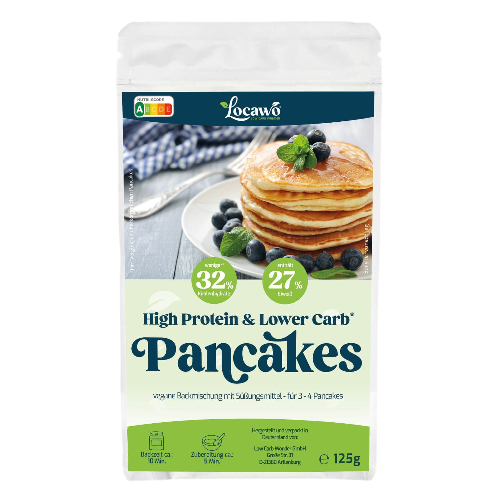Verpackung mit "Locawo"-Pancake-Mischung. Enthält 32% Protein, 27% Kohlenhydrate. Vegan, mit Süßungsmittel. 125g.